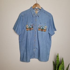 Vintage Plant Embroidered Denim Button Down 2X